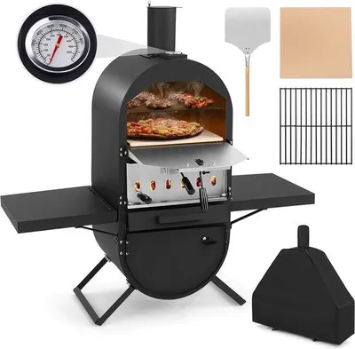 Produktbild von Outdoor-Pizzaofen, mit Seitenplatten, Grillrost aus Edelstahl, inkl. 30,5 cm Pizzastein, wasserdichter Abdeckung, Pizzschub, für Garten, Zelt