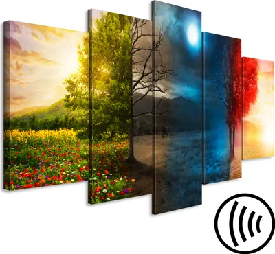 Produktbild von Akustikbild Baum 200x100 cm Bilder Akustikschaum Hochleistungsschallabsorber Schallschutz Leinwand 5 tlg Wandbild Raumakustik Schalldämmung vier Jahreszeiten c-C-0419-b-m