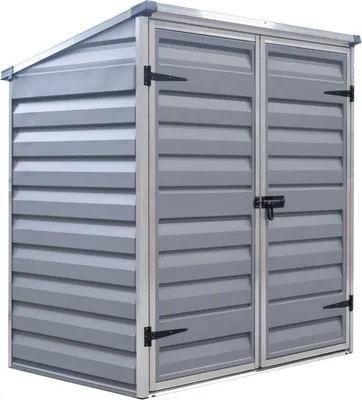 A grey metal storage shed with double doors.