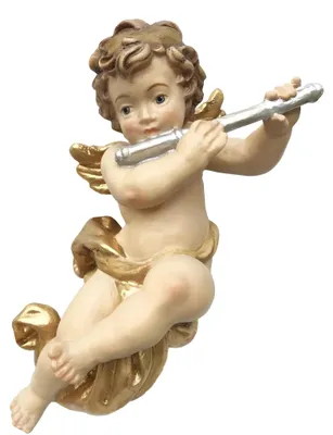 Engel Putto mit Flöte 5 cm Holz handbemalt religiös