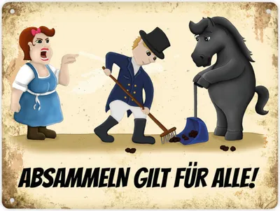 Produktbild von Metallschild XL mit Reiter mit schwarzem Pferd Motiv und Spruch: Absammeln gilt