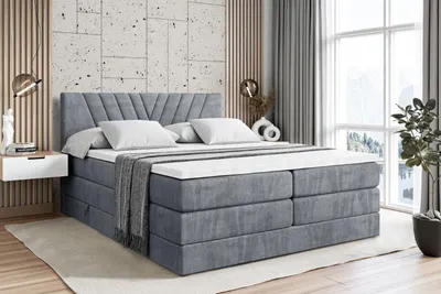 Produktbild von ALTDECOR Boxspringbett mit 2 Matratzen und Topper - 180x200 cm - ERNINA KING - Grau Samt - Polsterbett mit, H3- und H4- Matratzen, Bettkasten und Lattenrost, Bett mit Stauraum