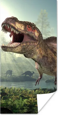 Produktbild von MuchoWow® Poster Dino - Gras - Zeichnung - Kinder - Jungen 80x160 cm - Kinderzimmer