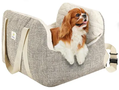 Immagine prodotto di Seggiolino per auto per cani di piccola taglia, cuccia per cani imbottita, trasportino per animali domestici, fino a 25 libbre, colore marrone e beige