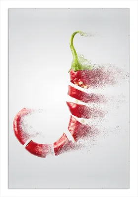 Produktbild von Wallario Wandbild Chilischote löst sich in Pulver auf, Größe: 61 x 91,5 cm, Poster mit rahmenlosen Bildhalter