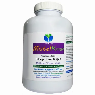 Zdjęcie produktu dla Mistel, proszek z jagód ostrołu, 360 kapsułek, zmielony na zimno, tradycyjnie według receptur Hildegardy z Bingen – czysty produkt naturalny, bez dodatków