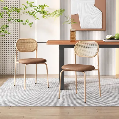 Productafbeelding van Set van 2 eetkamerstoelen, modern, eenvoudige stoelen voor dagelijks gebruik met vier metalen poten, rieten stoelen, geschikt voor woonkamer en slaapkamer, bruin
