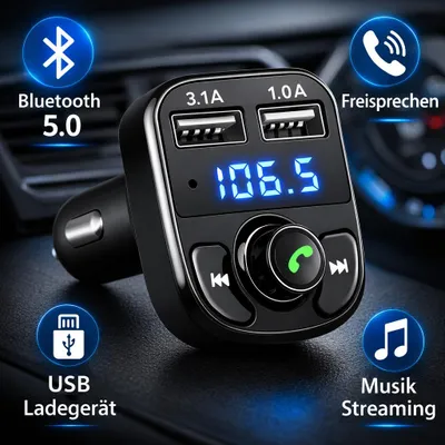 Produktbild von FM Transmitter Bluetooth 5.0 Auto – KFZ Radio Adapter mit Freisprecheinrichtung, USB Ladegerät, Musik Streaming, Zigarettenanzünder