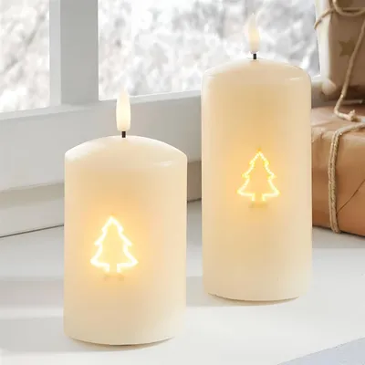 Image de 2x bougies LED "Sapin" bougies électriques scintillantes, bougie en cire de 13 + 18 cm de haut, bougie à bout de cire véritable