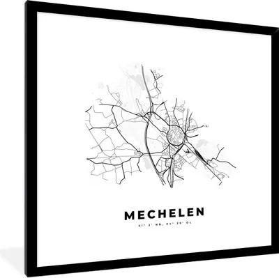 Produktbild von MuchoWow® Gerahmtes Poster Belgien - Mechelen - Stadtplan - Karte - Schwarz und weiß - Karte 40x40 cm - Poster mit Schwarzem Bilderrahmen Wandposter Rahmen Foto Bilder - Mit Rahmen - Wanddekoration Schlafzimmer