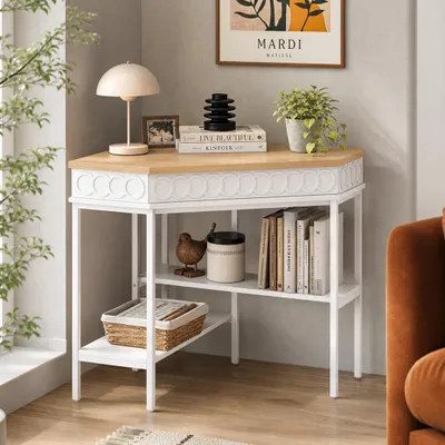 Produktbild von Eckschreibtisch mit drehbarer Ablage, Schreibtisch mit 2 Regalen, platzsparender Computertisch, Holz + Weiß, MDF + Metall, 80 × 80 × 82,5 cm