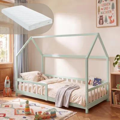 Zdjęcie produktu dla Łóżko dziecięce typu "domek" "Hesel" z materacem i barierką ochronną, wymiar 90 x 200 cm, wykonane z drewna sosnowego, kolor: miętowy/biały