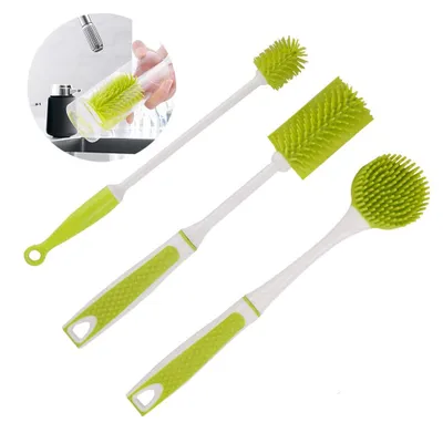 Produktbild von 3er Pack Spülbürsten Set Silikon mit Abwaschbürste Flaschenbürste Reinigungsbürsten und Lappen für alle Öffnungen, Vasen, Karaffen