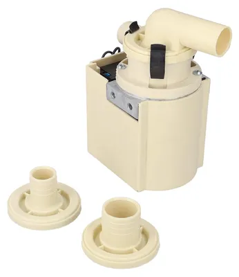 A beige washing machine drain pump with two beige hose adapters in front of it, set against a white background.