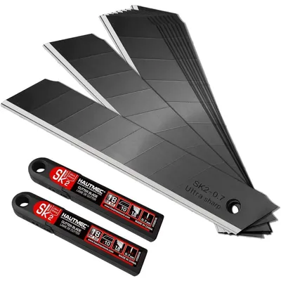 Immagine prodotto di Lame di ricambio professionali SK2 da 18 mm, confezione da 20 pezzi, per cutter, ideali per tagliare tappeti, cartone e PVC. Include la confezione