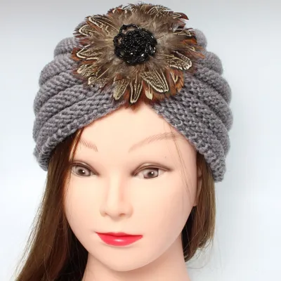 Produktbild von Damen Turban Kopfbedeckung Fashion Feder Blume Gestrickt Grau