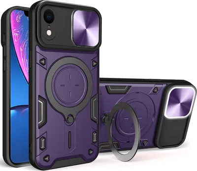 Produktbild von Handyhülle für iPhone XR Dual-Layer Stoßfest Rüstung Hülle mit Dia Kameraschutz und Kreisförmig Ring Ständer Lila