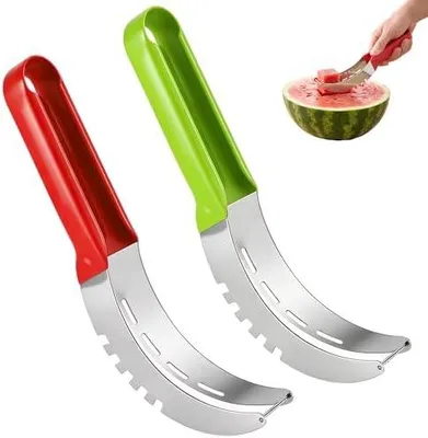 Produktbild von 2er Set Melonenschneider, Wassermelonen Schneider aus Edelstahl, manueller Obstschneider für Sommerfrüchte, Küchen-Gadget für Familien und Camping, langlebiger Wassermelonenschneider