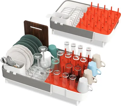 Two dish racks are shown, one above the other, filled with various kitchenware.