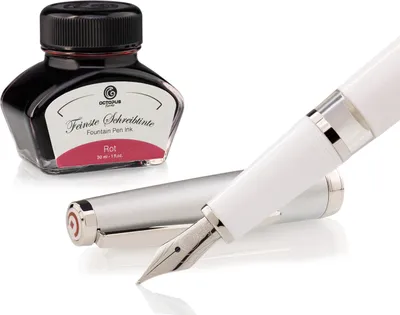Produktbild von Füllhalter Set Cleo Skribent Classic Metall Weiß, Kolben-Füllhalter und 30 ml Tinte Rot