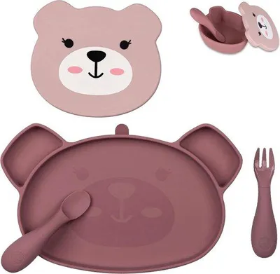 Produktbild von Famanu Babydinerset mit silikonierter, geteilter Saugnapfschale und Babybesteck - Rosa - für 6 Monate+
