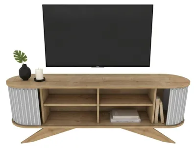 Produktbild von Fernsehschrank Aludra, Ständer für Wohnzimmerfernseher, Niedriges Wohnzimmer-Sideboard, TV-Ständerbasis, 180x43h60 cm, Eiche und Weiß