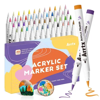 Immagine prodotto di Set di pennarelli acrilici, 48 colori, punta a pennello, resistenti all'acqua, adatti per pietra, vetro, legno, tessuto e progetti fai-da-te