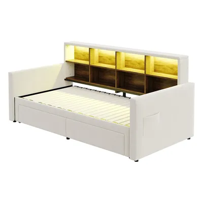 Produktbild von Flieks Schlafsofa Polsterbett 90x190cm mit Ausziehbett, Tagesbett Daybed mit 2 Schubladen und Led, Jugendbett mit Ladefunktion, Samt, Beige