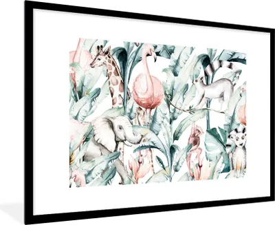 Produktbild von MuchoWow® MuchoWow® Gerahmtes Poster Aquarellieren - Tiere - Pflanzen - Dschungel - Jungen - Mädchen - Kinder 90x60 cm - Poster mit zchwarzem Bilderrahmen - Wanddekoration - Fotos
