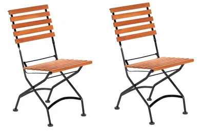 Two wooden folding chairs with black metal frames are shown against a white background.