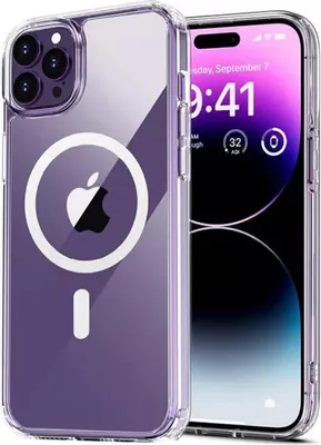 A clear, professional shot of a phone case with a phone inside, showcasing the MagSafe ring and Apple logo.