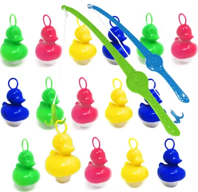 Produktbild von Enten Angeln | 16x bunt Entchen mit Öse & Gewicht | Inkl. 2 Angeln | Entenangeln Spiel Wasser groß | Perfekt für Firmenfeiern, Kita, Kindergeburtstag | Schwimmenten für Pool & Jahrmarkt