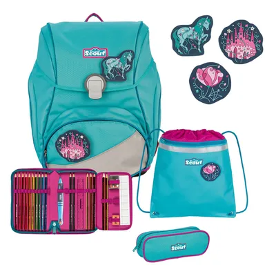 A collection of school supplies including a backpack, pencil case, and drawstring bag, along with decorative patches.