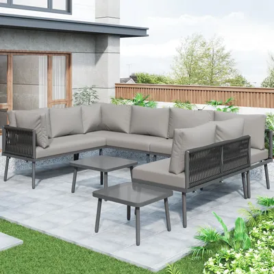 Produktbild von Merax Eisen Garten Loungesessel Set, U-förmiges Gartenmöbel Set für 8 Personen, Balkon Möbel, Outdoor Ecksofa, Terrassenmöbel mit Kissen, Grau