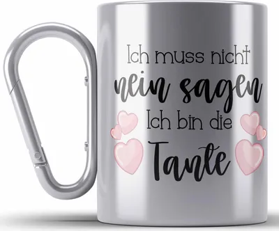 Produktbild von Trendation - Tante Edelstahl Tasse Karabiner Geschenk für Beste Tante Karabiner Edelstahl Tasse Karabiner Edelstahl Geschenkidee Tante Geburtstag Lustig Ich Muss Nicht Nein Sagen Ich Bin Die Tante (Silber)