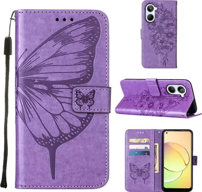 Produktbild von Lederhülle für Realme 10 4G Schmetterling Prägung Flip Ledertasche Kartenfächer Handyhülle mit Ständer Violett