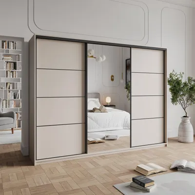 Produktbild von Masseno Schiebetürenschrank VARO 250/205/60 cm Kleiderschrank mit 4 Schubladen Schlafzimmer Schrank 3-türig mit Spiegel Kaschmir
