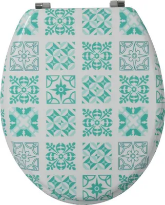 A toilet seat with a patterned design.