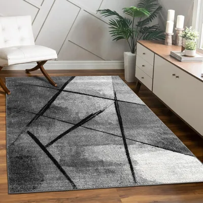 Image de Tapis salon à poils courts Motif moderne Abstrait Géométrique Gris Noir Dimensions 80 x 150 cm
