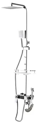 Produktbild von UnboxG Duschsystem Chrom mit Digital-Temperaturanzeige, Regenduschkopf, Handbrause, Bidetbrause, 4 Strahlarten, Ablage und höhenverstellbarer Duschstange