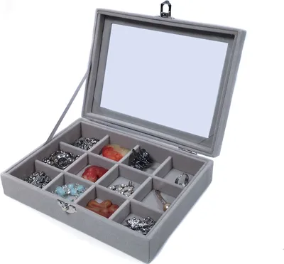 Produktbild von Schmucktablett Schmucklade Schmuckkästchen mit Glasdeckel grau mit 12 Fächer