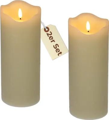 Produktbild von 2er Set Echtwachskerzen mit beweglicher Flamme und Timer Led Echtwachskerzen flackernde Flamme flammenlose Kerze Creme Weiß 10 x 20 cm