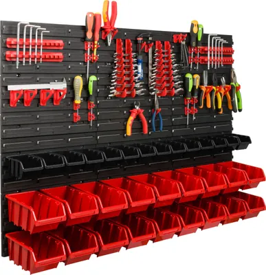 Obrázok produktu pre Skladovací systém dielenský regál | 117 x 78 cm | 32 ks. Box | Nástenný regál s držiakmi na náradie a stohovateľnými boxmi - Nástenné dosky Extra silný regál s otvormi na náradie Skladový regál Garážový regál