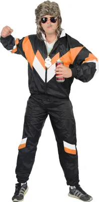 A man wearing an 80s-style tracksuit, sunglasses, and a wig, holding a can.