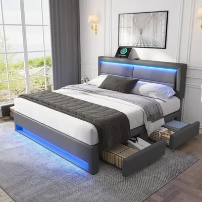 Image de MODFU Lit Double 140x200 cm avec Rangement Intégré - LitPolyuréthaneCapitonné avec Éclairage LED, Ports USB et Chargeur Sans Fil - Sans Matelas - Gris