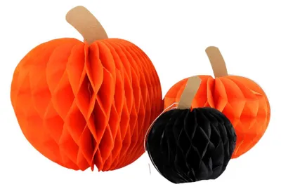 Produktbild von 3 Halloween-Wabenkürbisse in Orange + Schwarz - 10, 13 + 18 cm -