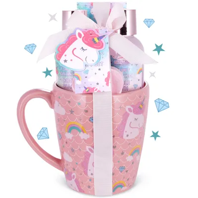Produktbild von BRUBAKER Cosmetics 5-tlg. Einhorn Bade- und Dusch Set Cherry Blossom - Geschenkset mit Kirschblüten Duft in XXL Einhorn Becher
