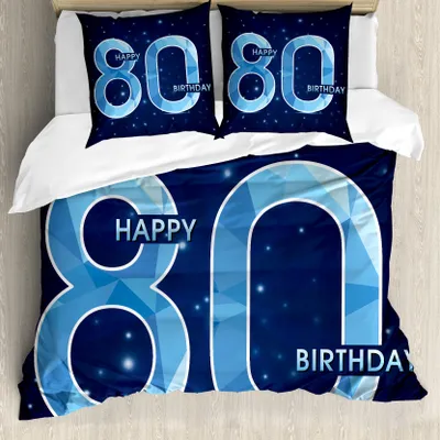 Produktbild von ABAKUHAUS 80. Geburtstag Bettbezug, Party-Thema und Sterne, Milbensicher Allergiker geeignet mit Kissenbezügen, 155 cm x 220 cm - 80 x 80 cm, Marine-Blau und Himmelblau