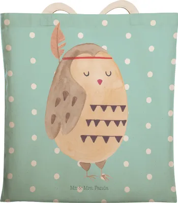 Produktbild von Mr. & Mrs. Panda Tote Bag Eule Federschmuck - Türkis Pastell - Geschenk, shopping, Waldtiere, Einkaufstasche, Stoffbeutel, Stofftragetasche, Entspannt, Abenteuer, Tasche