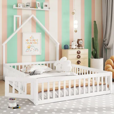 Produktbild von MODFU Kinderbett 140x200cm in Schornsteinform mit Lattenrost aus holz ,Jugendbett Kiefernholzbett mit Rausfallschutz, Weiß (Ohne Matratze)